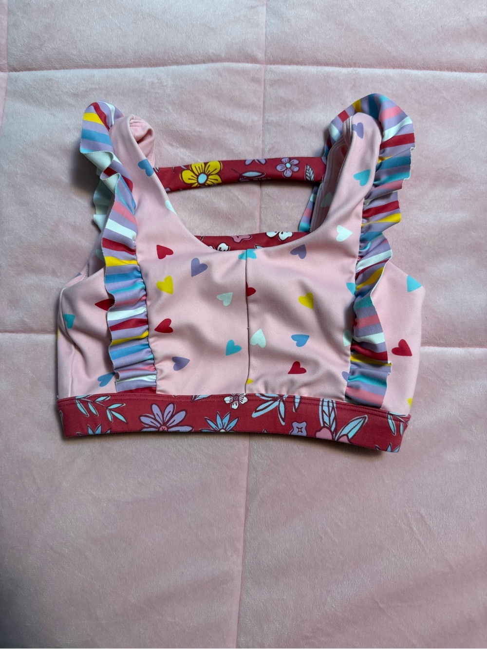 Pink Heart Print Ruffle Strap Crop Top